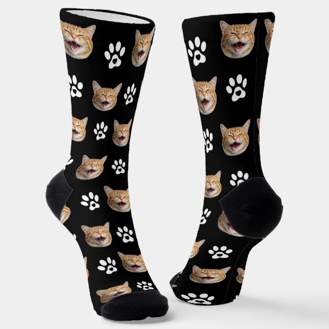 Funny Custom Cat Photo with Paw Pattern Socks (Angled)