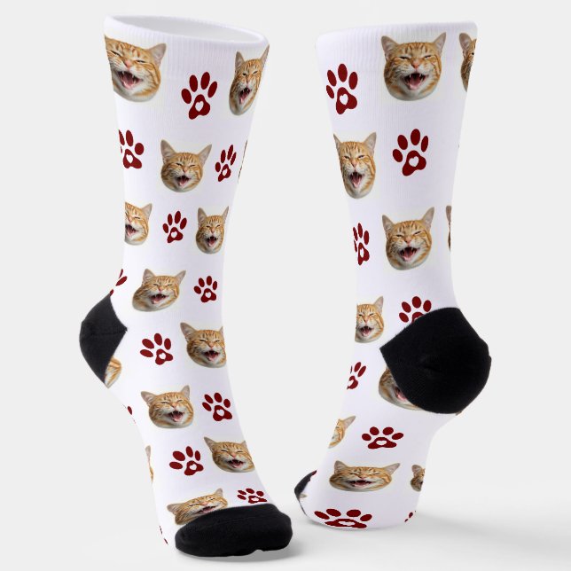 Funny Custom Cat Photo with Red Paw Pattern Socks (Angled)