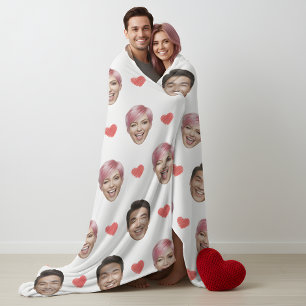 Funny Custom Couple Faces Pattern Red Hearts Fleece Blanket