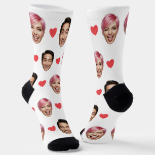 Funny Custom Couple Faces with Red Hearts Socks