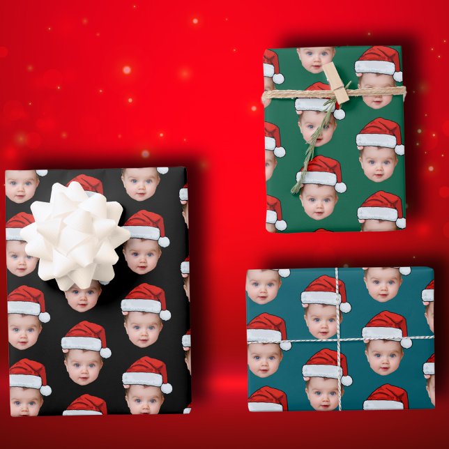 Funny Custom Cute Baby Face Photo Santa Head Xmas Wrapping Paper Sheet (Creator Uploaded)