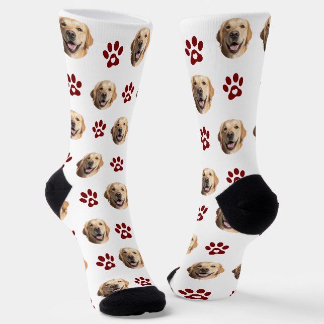 Funny Custom Dog Photo with Red Paw Pattern Socks (Angled)