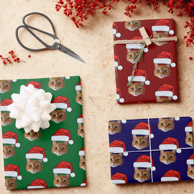 Funny Custom Face Cat Photo Santa Hat Christmas Wrapping Paper Sheet (Creator Uploaded)