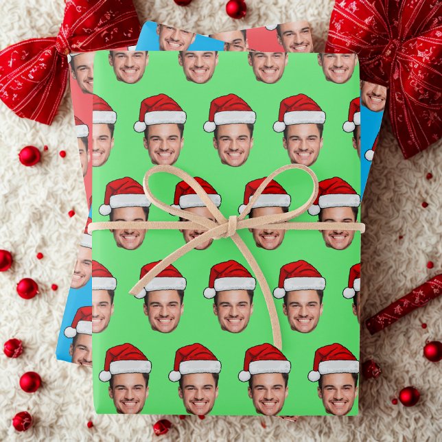 Funny Custom Face Holiday Gift Santa Hat Wrapping Paper Sheet (Creator Uploaded)