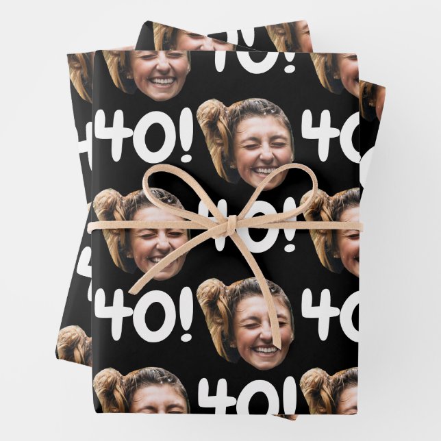 Funny Custom Face Photo Birthday Age Black Wrapping Paper Sheet (In situ)