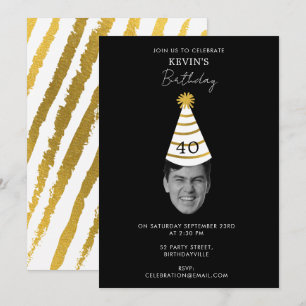 Funny Custom Face Photo Black Gold Birthday Party Invitation
