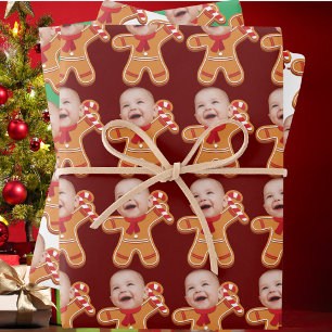 Funny Custom Face Photo Gingerbread Xmas baby Wrapping Paper Sheet