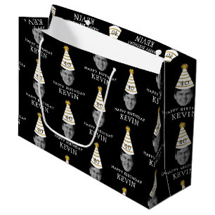 Funny Custom Face Photo Happy Birthday Black Gold Large Gift Bag