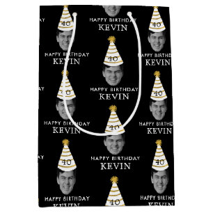 Funny Custom Face Photo Happy Birthday Black Gold Medium Gift Bag