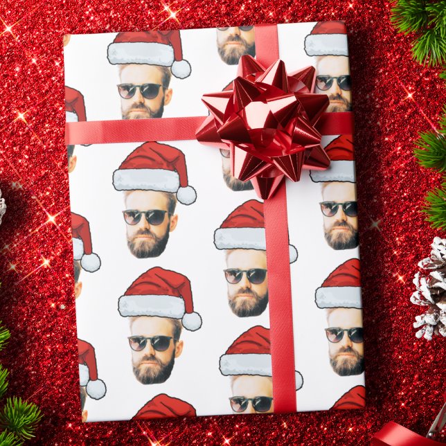 Funny Custom Face Photo Santa Hat Christmas Wrapping Paper (Creator Uploaded)
