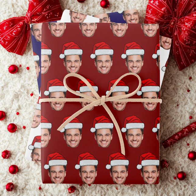 Funny Custom Face Photo Santa Hat Christmas Wrapping Paper Sheet (Creator Uploaded)