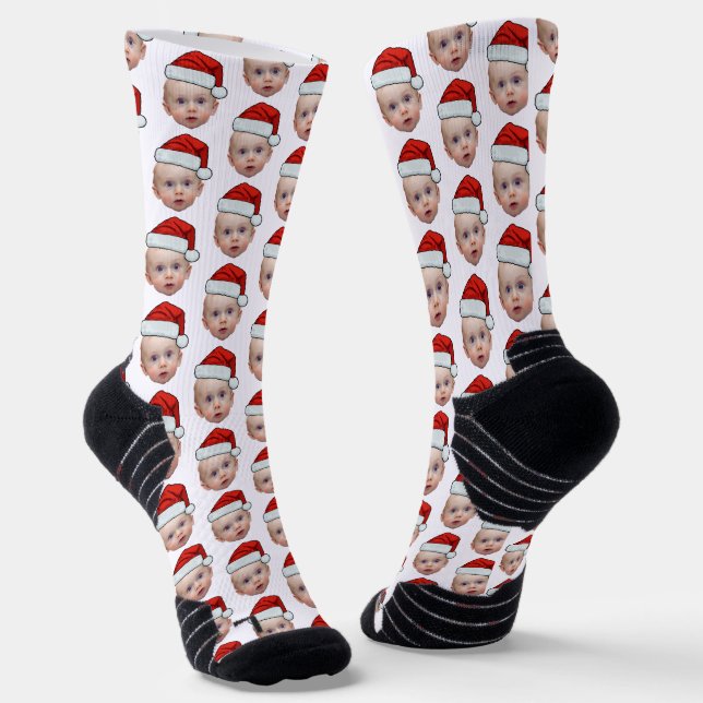 Funny Custom Face Photo Santa Head Christmas Socks (Angled)
