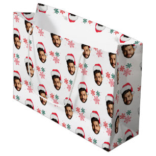 Funny Custom Face Photo Santa Head Snowflake Large Gift Bag