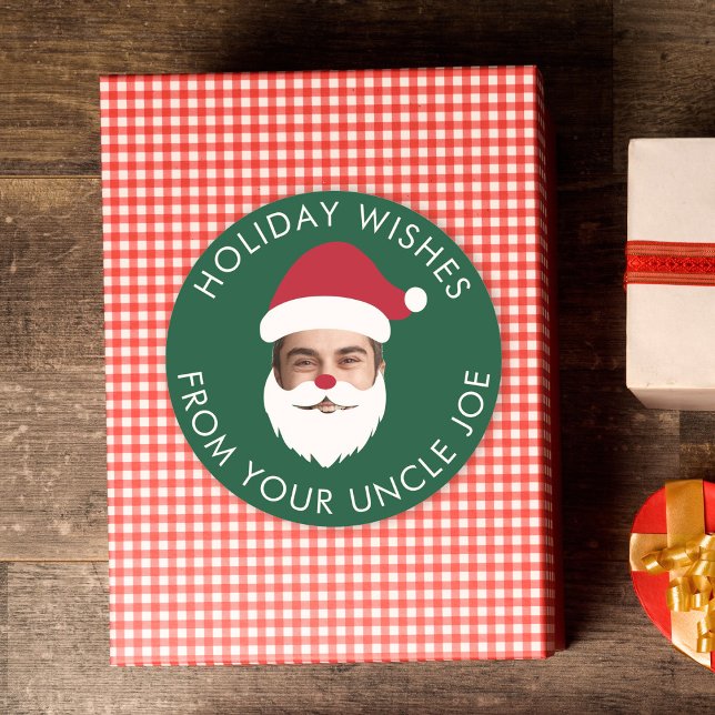 Funny Custom Face Swap Santa Claus Christmas Text Classic Round Sticker (Creator Uploaded)