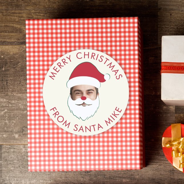 Funny Custom Face Swap Santa Claus Christmas Text Classic Round Sticker (Creator Uploaded)