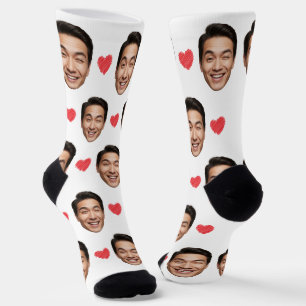 Funny Custom Face with Red Hearts on White Socks
