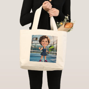 Funny Custom Head Blue Court Caricature Padel Large Tote Bag