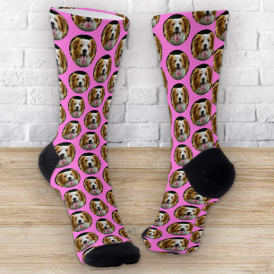 Funny Custom Pet Photo Grid Pattern Pink Humour Socks
