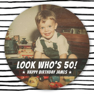 Funny Custom Photo Birthday Milestone Party  Classic Round Sticker