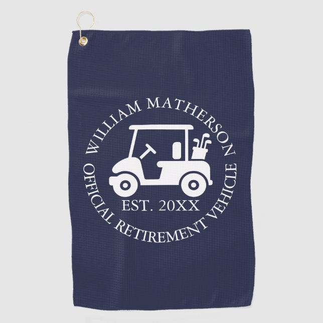 Funny Custom Retirement Cart Buggy Navy Blue Golf Towel (Front)