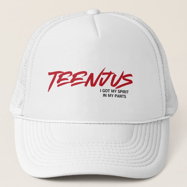Funny Custom Text Baby Billy's Quote Teenjus Red  Trucker Hat (Front)