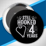 Funny Cute 4th Anniversary Couples Married 4 Years 10 Cm Round Badge<br><div class="desc">This fun 4th wedding anniversary design is perfect for fishing couples that have been married for 4 years and are still hooked on each other & love to go fishing! Great for a 4th wedding anniversary party to celebrate 4 years of marriage! Features "Still Hooked After 4 Years" wedding anniversary...</div>