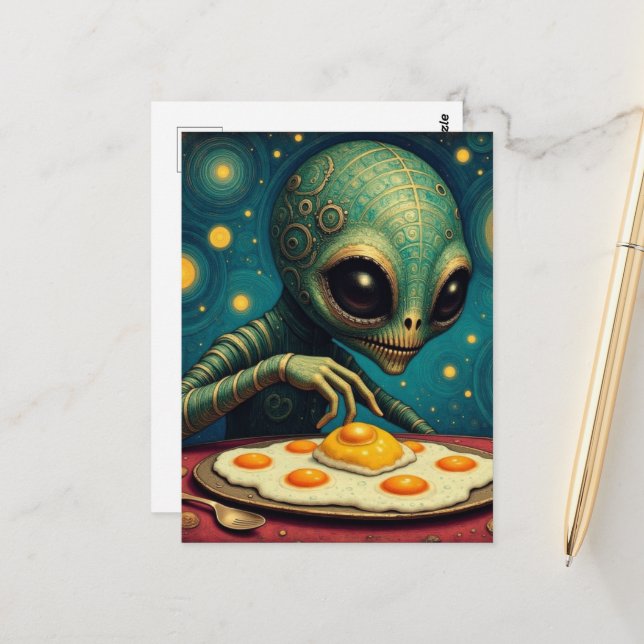 Funny Cute Alien Eating Fried Eggs Postcard (Front/Back In Situ)