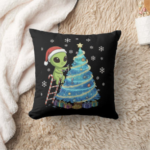 Funny Cute Alien Santa Decorating  Space Christmas Cushion
