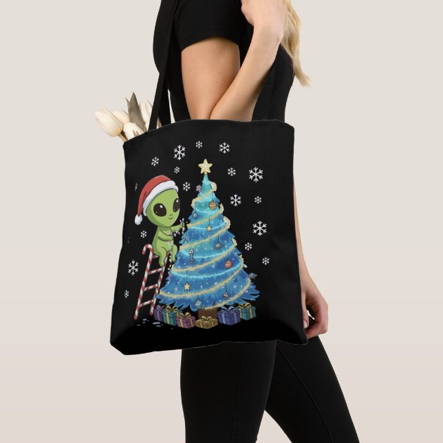 Funny Cute Alien Santa Decorating  Space Christmas Tote Bag (Close Up)