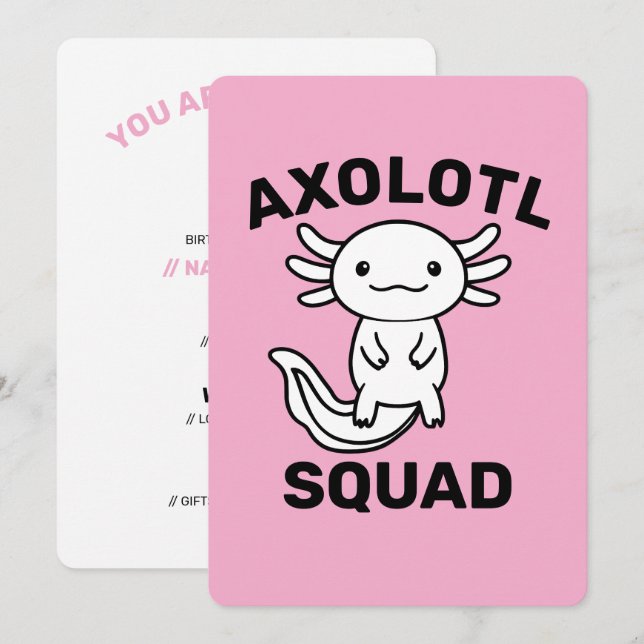 Funny cute Axolotl Squad custom editable pink Invitation (Front/Back)