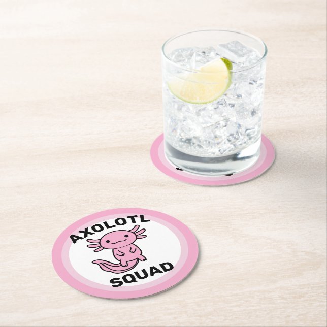 Funny cute Axolotl Squad custom editable pink Round Paper Coaster (Insitu)