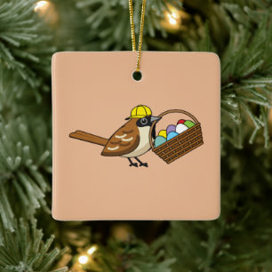 Funny Cute Bird with Colourful Eggs Basket Ceramic Ornament