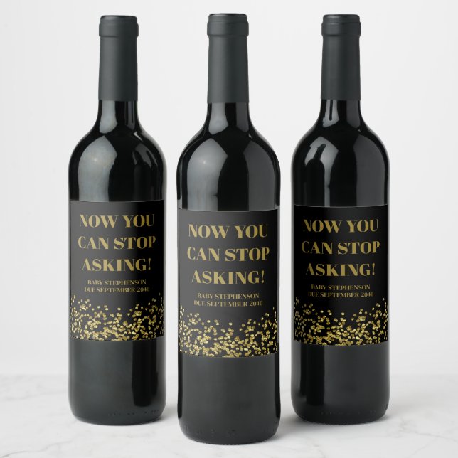 Funny Cute Black and Gold Pregnancy Announcement Wine Label (Bottles)