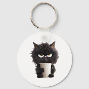 Funny Cute Black Cat Coffee Angry Key Ring