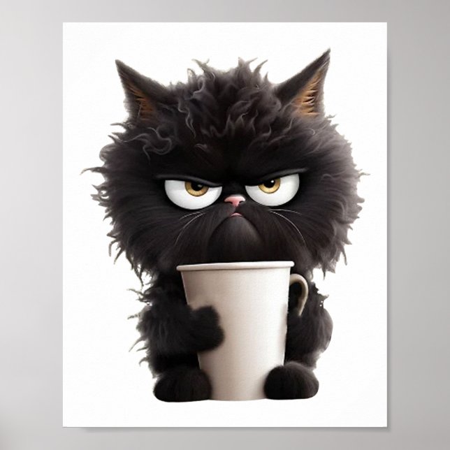 Funny Cute Black Cat Coffee Angry  Poster (Front)