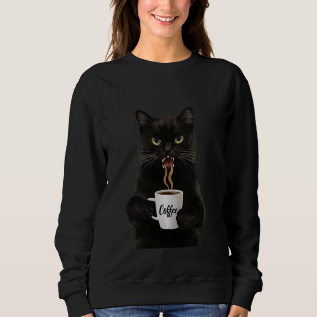 Funny Cute Black Cat Coffee Angry Sweatshirt (Front)
