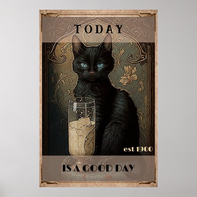 Funny cute Black cat drinking milk Poster (Front)