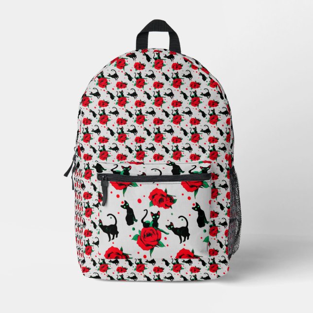 Funny Cute Black Cats Red Roses Pattern Printed Backpack (Front)