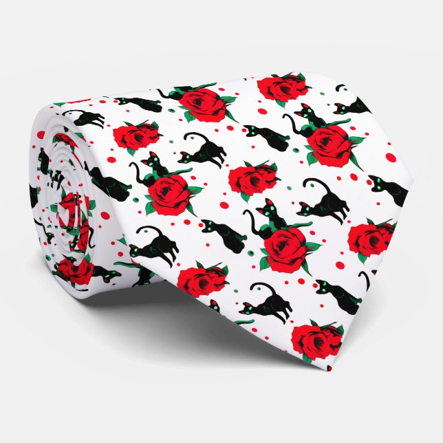 Funny Cute Black Cats Red Roses Pattern Tie (Rolled)