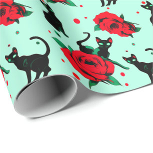 Funny Cute Black Cats Red Roses Pattern Wrapping Paper