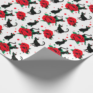 Funny Cute Black Cats Red Roses Pattern Wrapping Paper