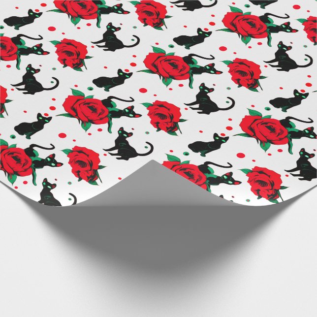 Funny Cute Black Cats Red Roses Pattern Wrapping Paper (Corner)