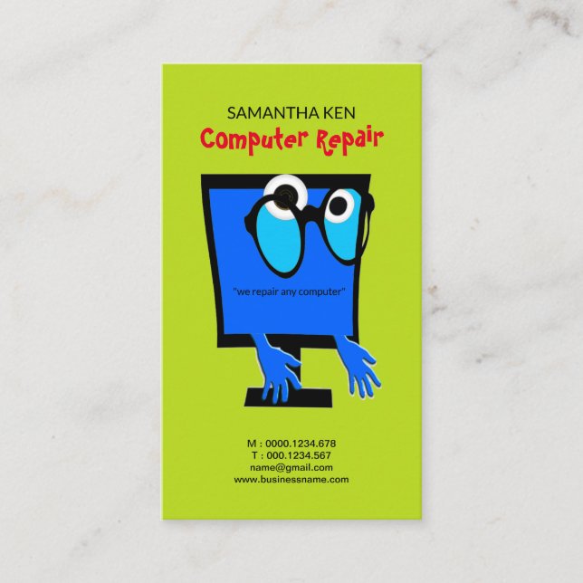 Funny Cute Blue PC Repair Business Card (Front)