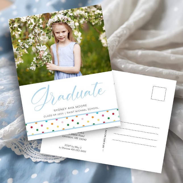 Funny Cute Blue Polka Dots Grad Photo Graduation Postcard (Funny Cute Blue Polka Dots Grad Photo Graduation Invitation Card. )