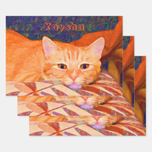 Funny Cute Bright Orange Tabby Cat Decoupage Wrapping Paper Sheet