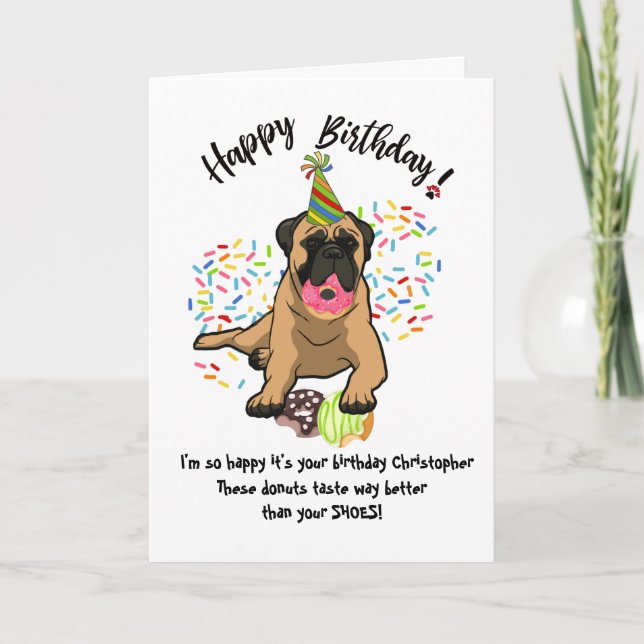 Funny Cute Bull Mastiff Dog Birthday Card Doughnut (Front)