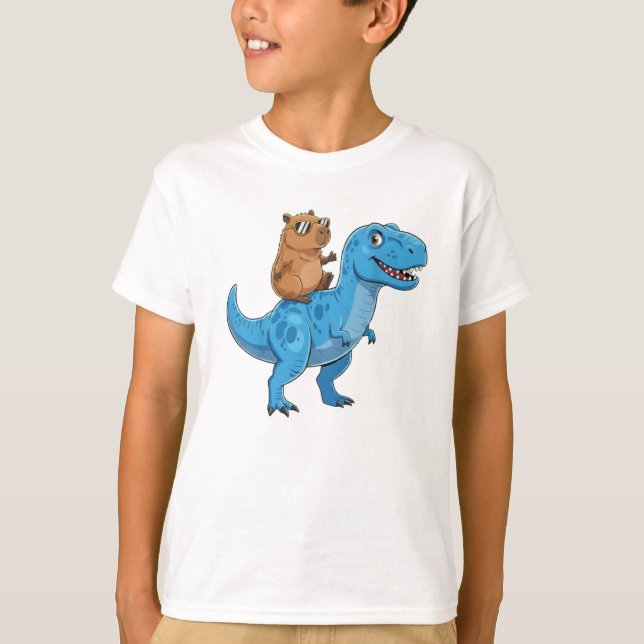 Funny Cute Capybara Riding Dinosaur T Rex Dino Boy T-Shirt (Front)