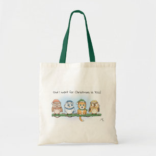 Funny Cute Cartoon Owls and Cat Christmas Shopping Tote Bag