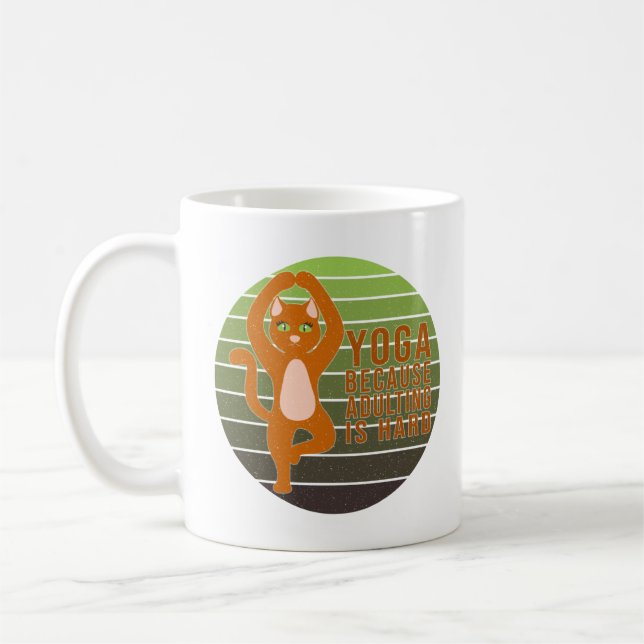 Funny cute cat doing yoga. funny yoga design coffee mug (Left)