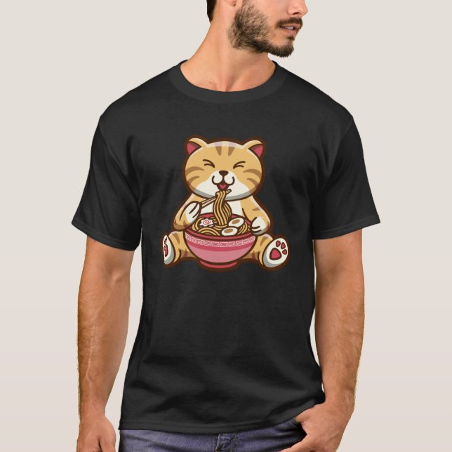 Funny cute cat eating spaghetti T-Shirt (Front)